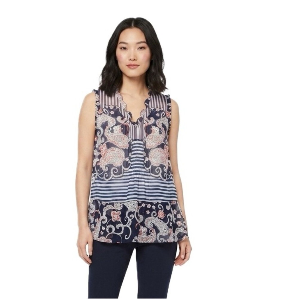 CAbi Blue White Paisley Striped Sleeveless Sheer Blouse